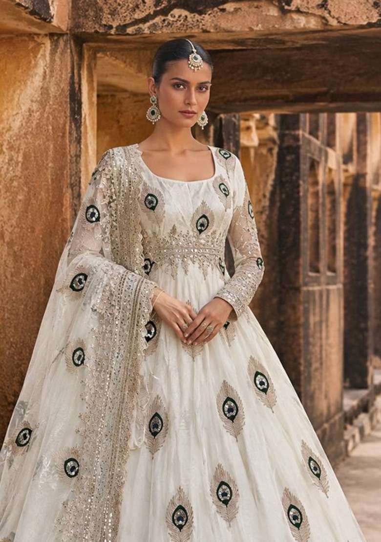 White Embroidery Fendi Gown Set - Indya