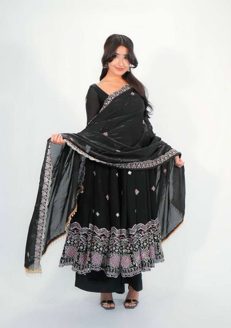 Black Embroidery Fendi Gown Set - Indya