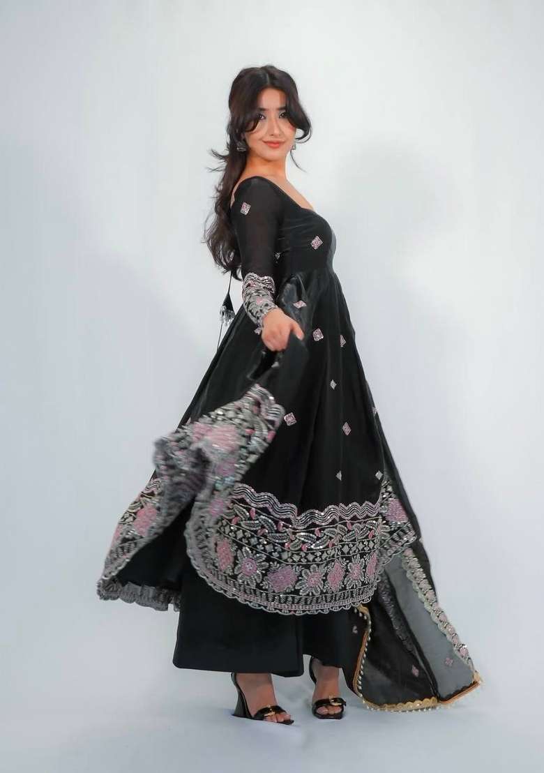 Black Embroidery Fendi Gown Set - Indya