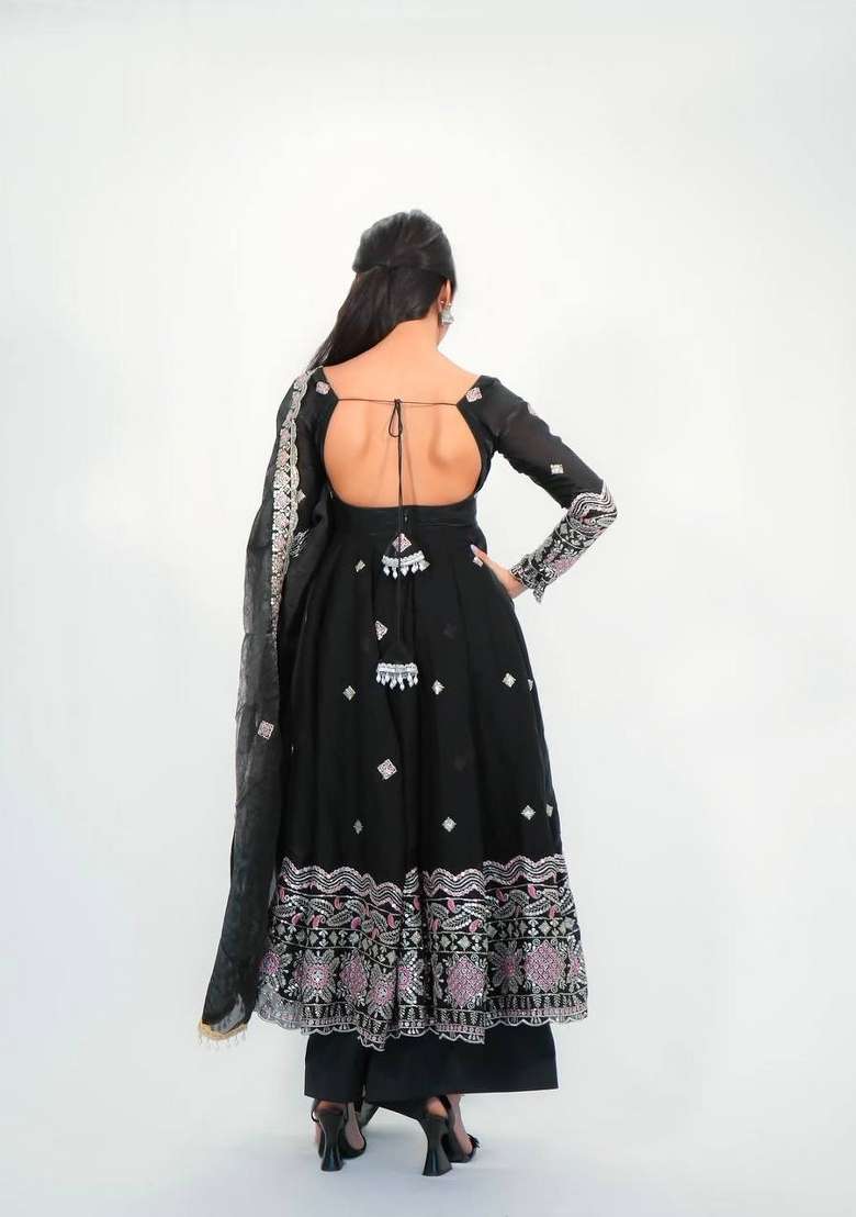 Black Embroidery Fendi Gown Set - Indya