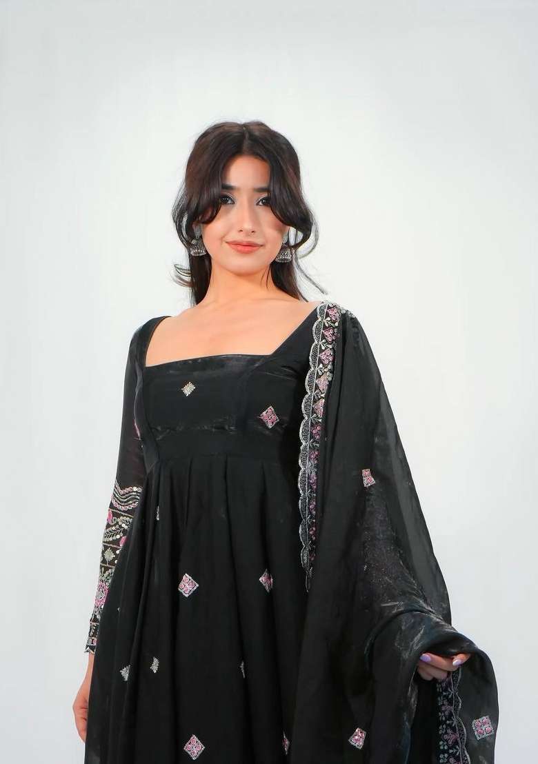 Black Embroidery Fendi Gown Set - Indya