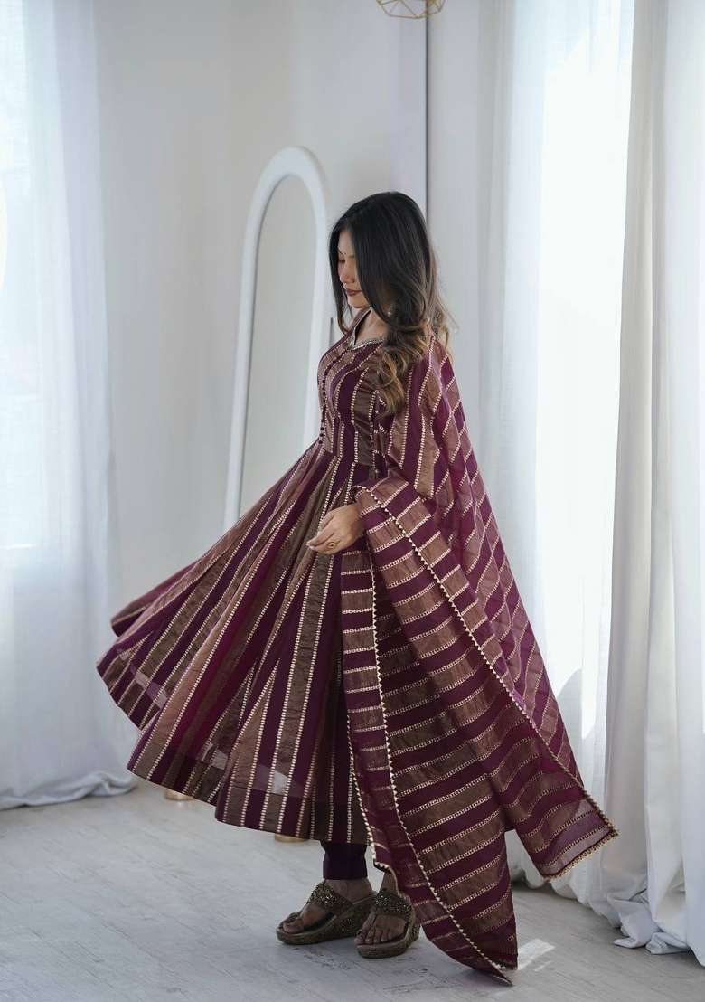 Wine Embroidery Viscose Gown Set - Indya
