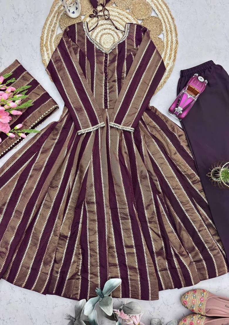 Wine Embroidery Viscose Gown Set - Indya