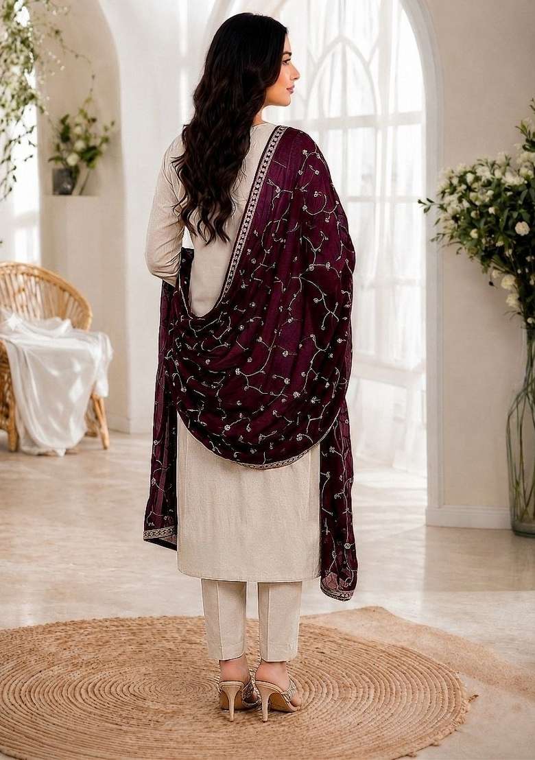 Cream Embroidery Roman Kurta Set - Indya