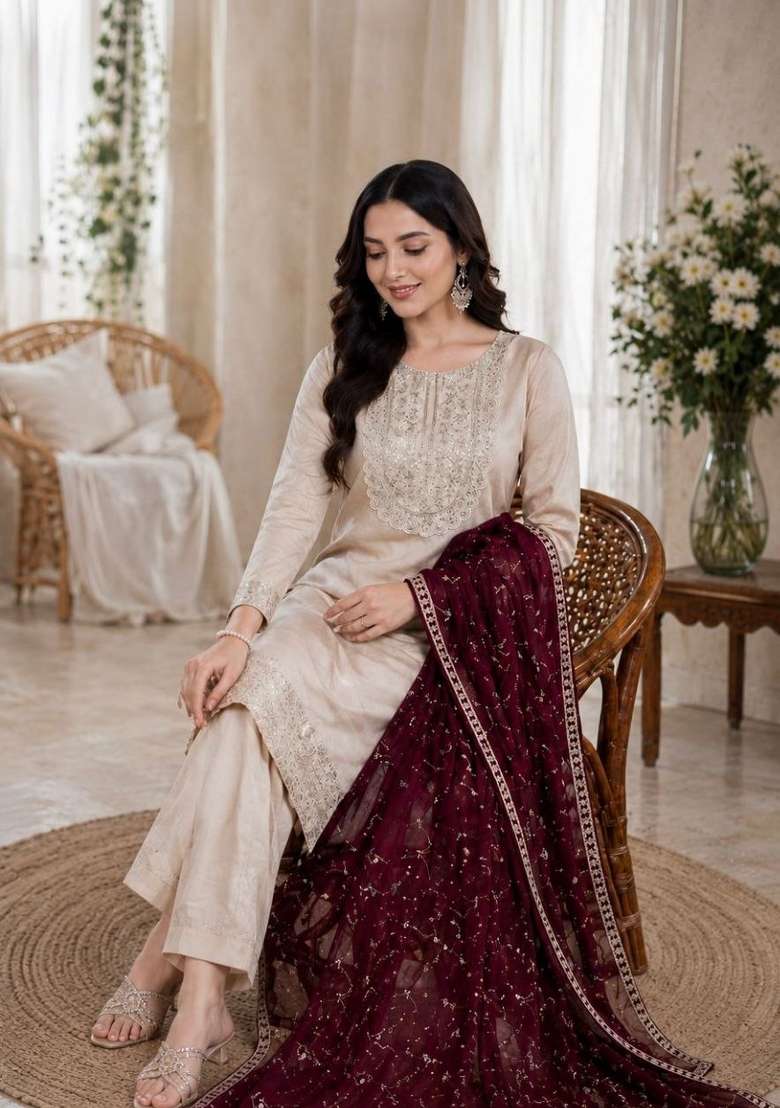 Cream Embroidery Roman Kurta Set - Indya
