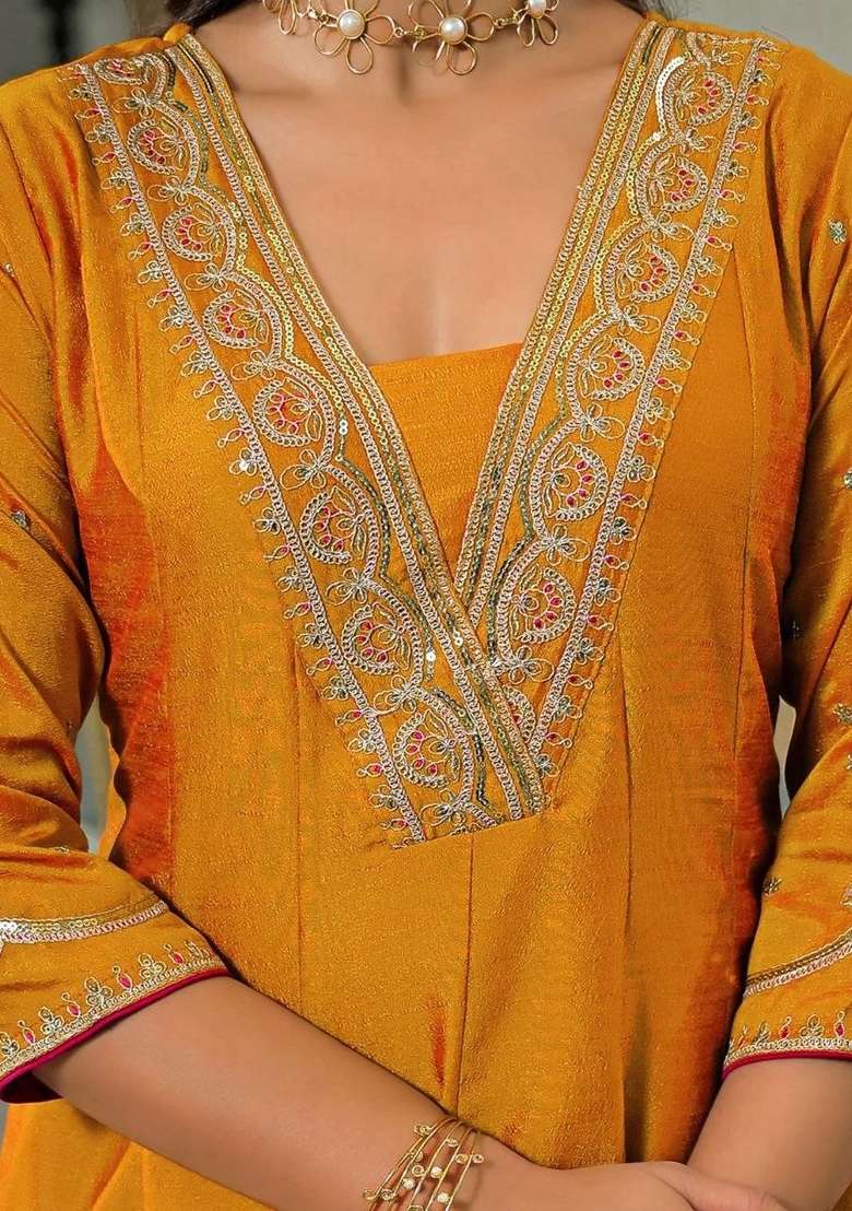 Yellow Embroidery Silk Kurta Set - Indya