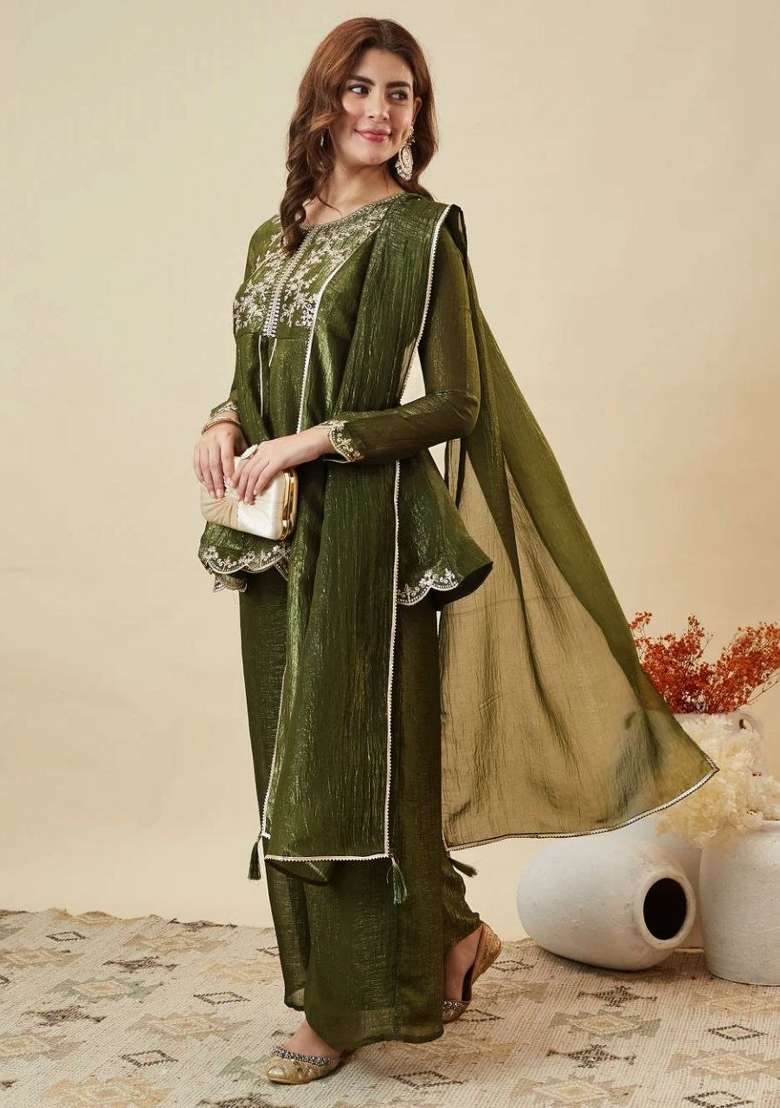Mehendi Embroidery Crunchy Palazzo Set - Indya