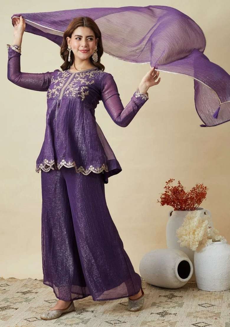Purple Embroidery Crunchy Palazzo Set - Indya