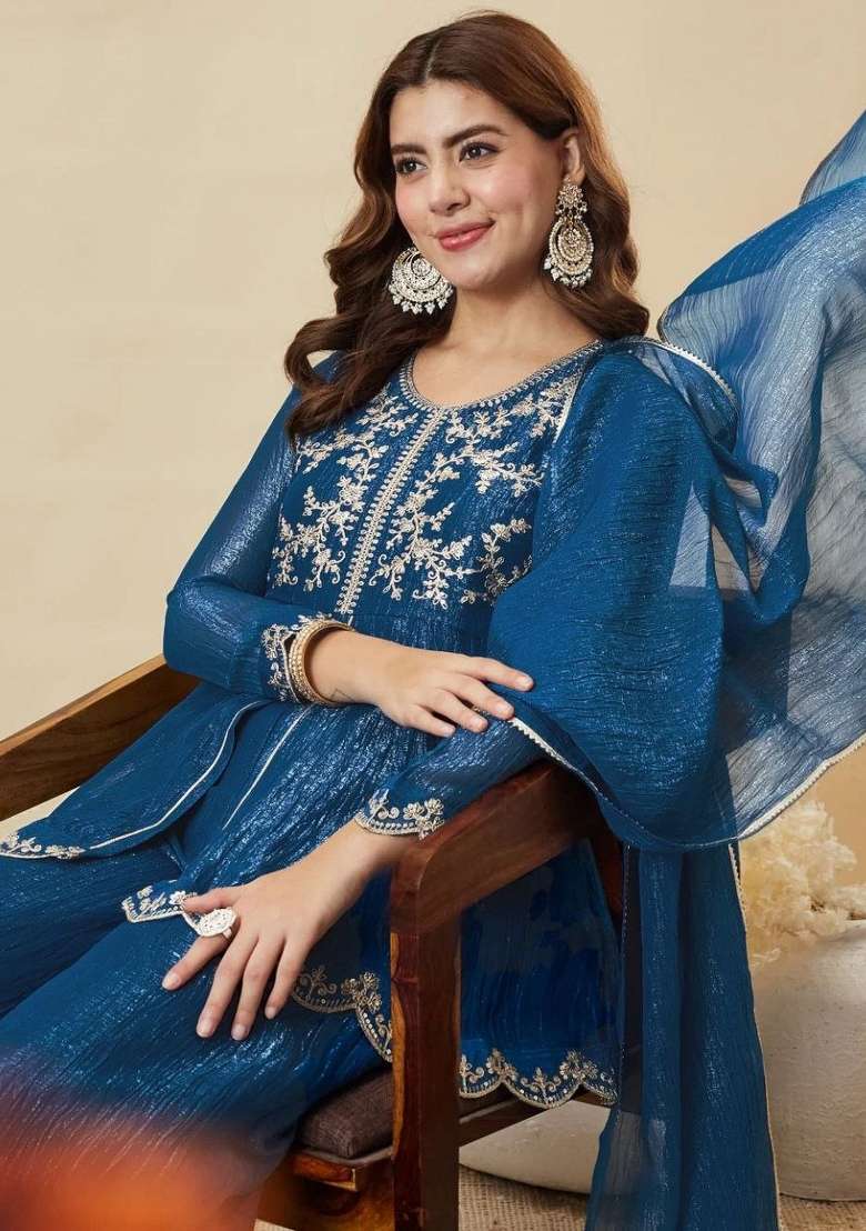 Rama Embroidery Crunchy Palazzo Set - Indya