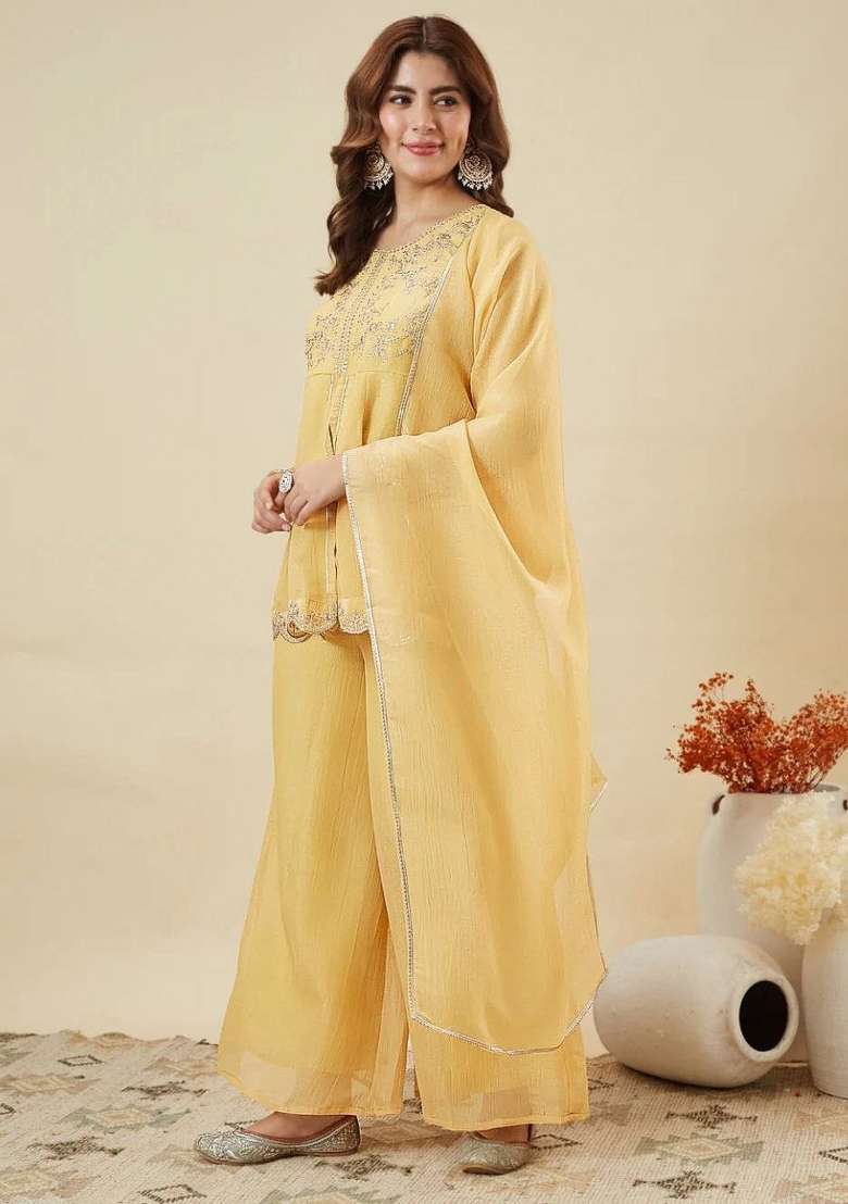 Yellow Embroidery Crunchy Palazzo Set - Indya
