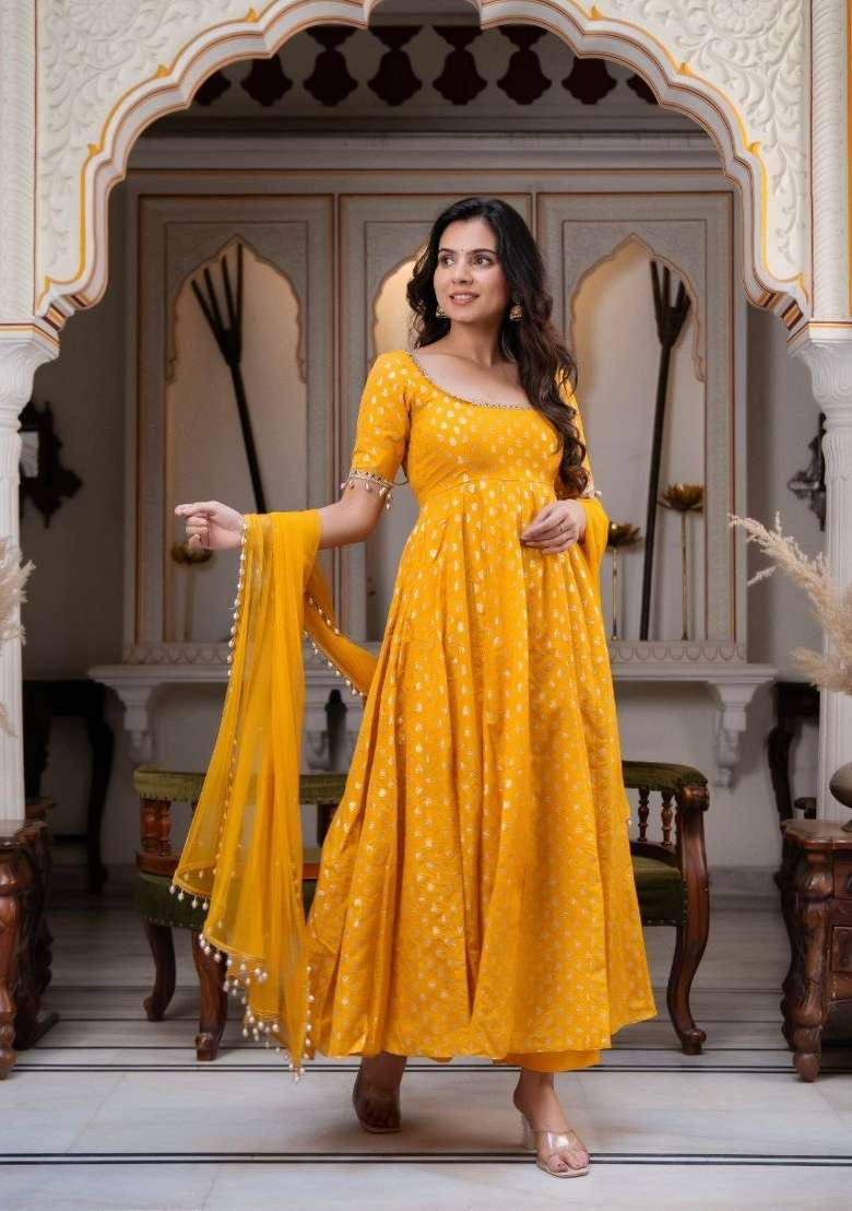 Yellow Embroidery Silk Kurta Set - Indya