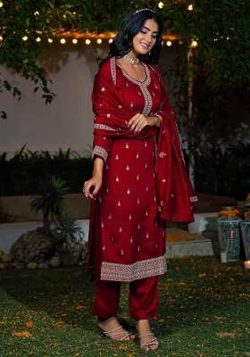 Maroon Embroidery Silk Kurta Set