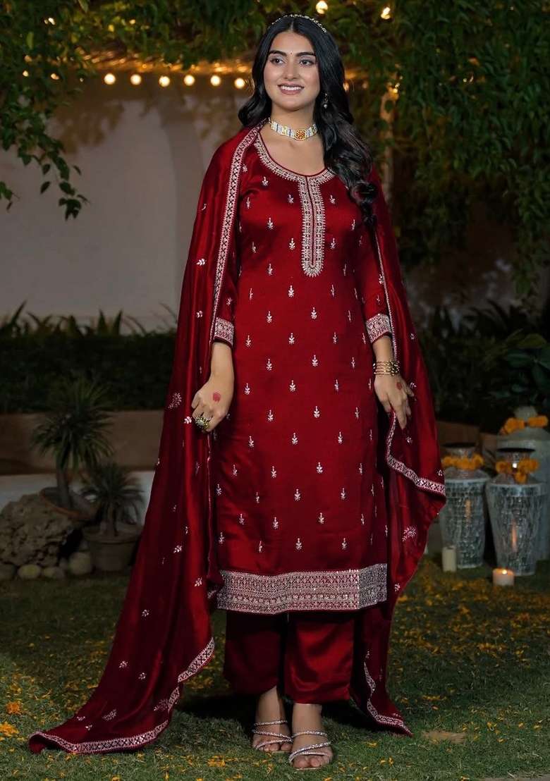 Maroon Embroidery Silk Kurta Set - Indya