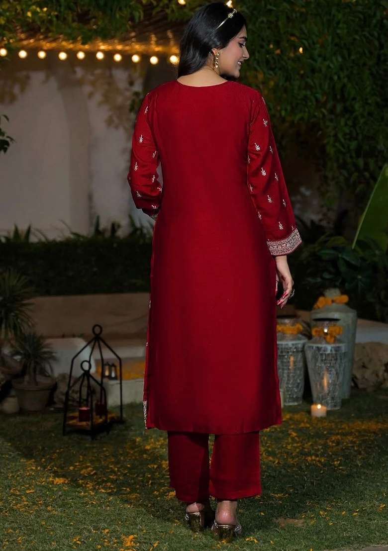 Maroon Embroidery Silk Kurta Set - Indya