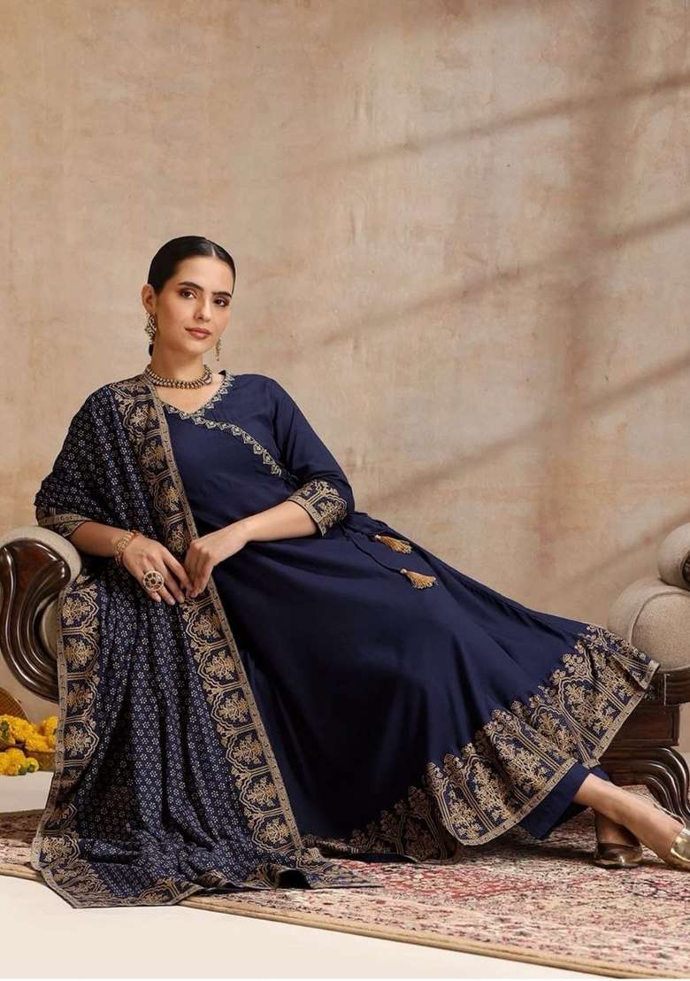 Blue Embroidery Rayon Kurta Set - Indya