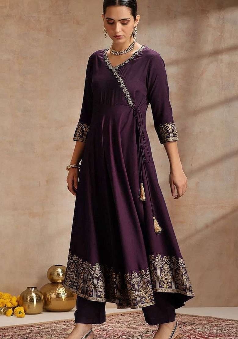 Wine Embroidery Rayon Kurta Set - Indya