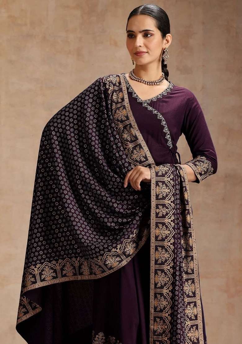 Wine Embroidery Rayon Kurta Set - Indya