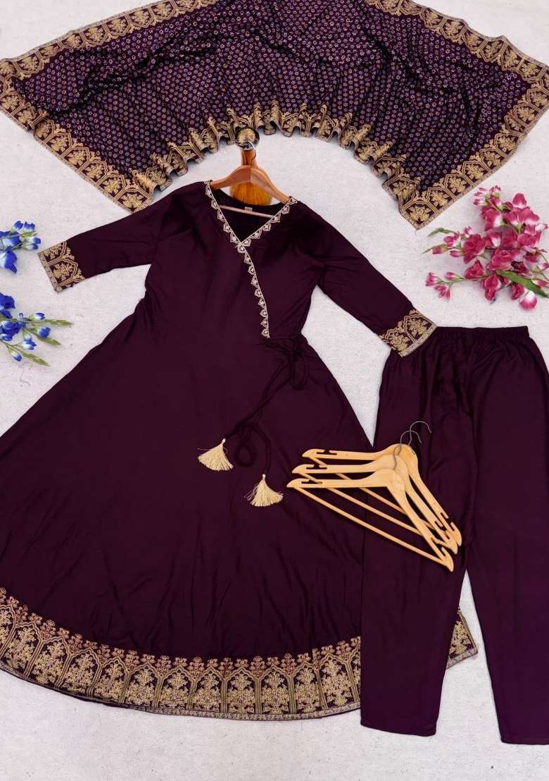 Wine Embroidery Rayon Kurta Set - Indya