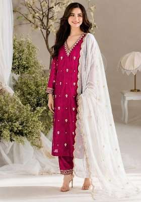 Pink Embroidery Silk Kurta Set