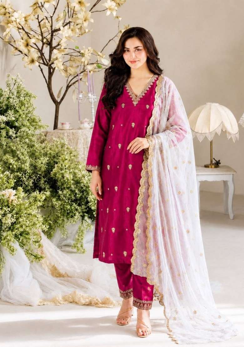 Pink Embroidery Silk Kurta Set - Indya