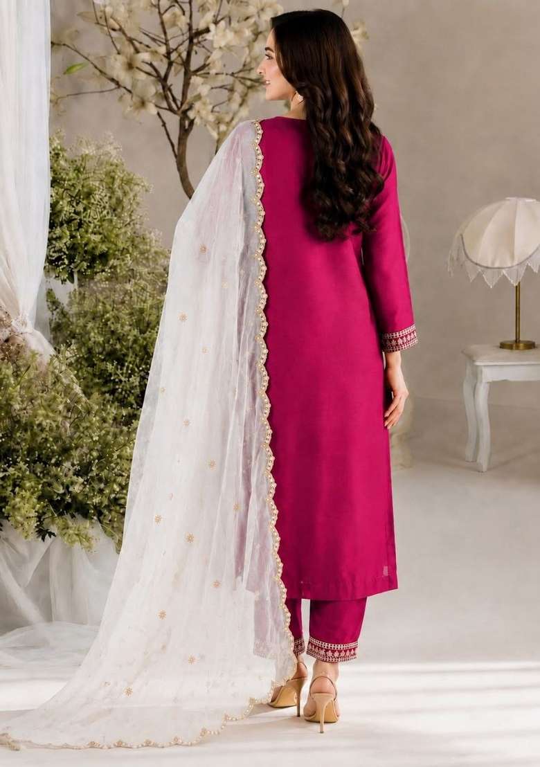 Pink Embroidery Silk Kurta Set - Indya
