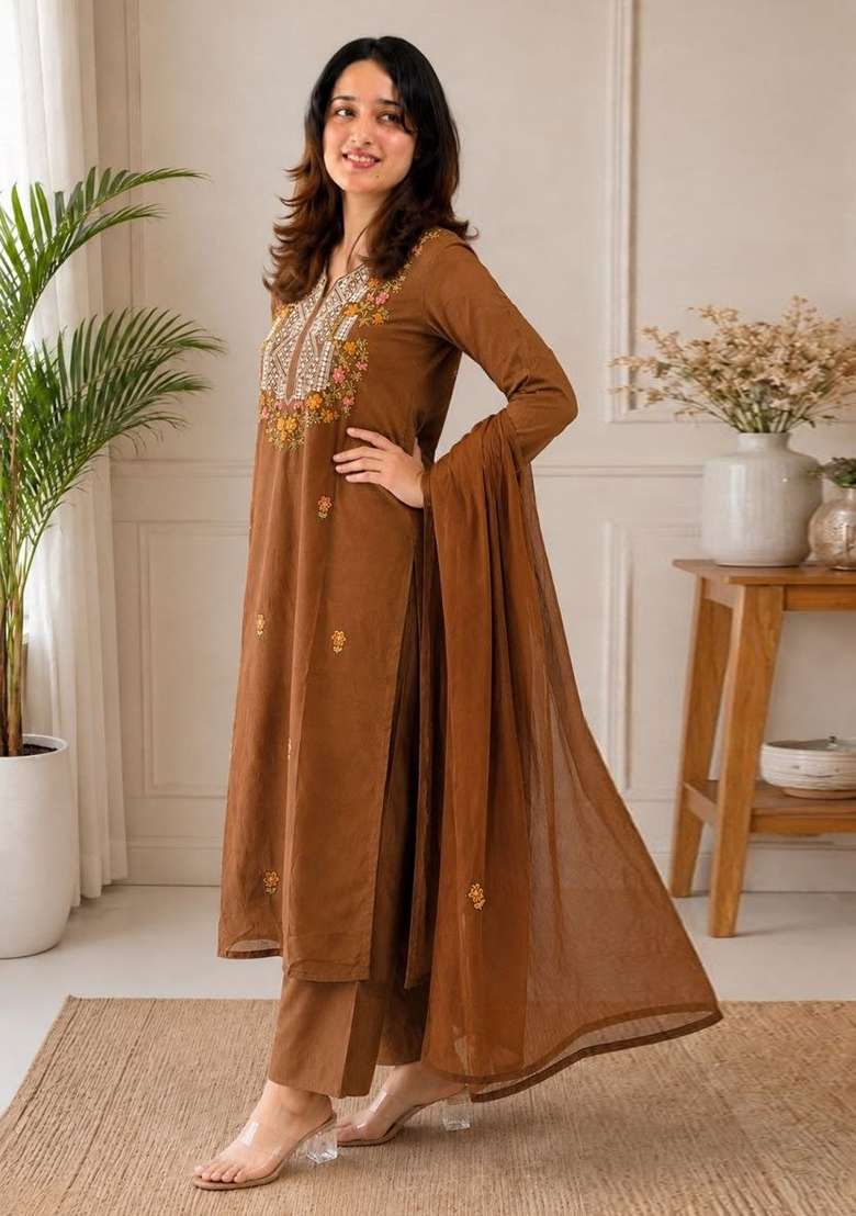 Mustard Embroidery Roman Kurta Set - Indya