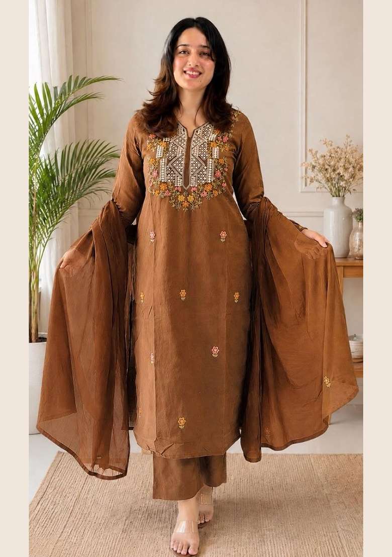 Mustard Embroidery Roman Kurta Set - Indya