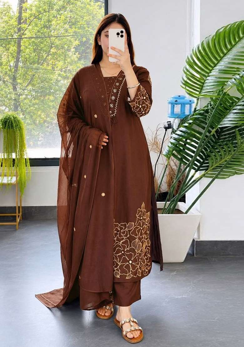 Brown Embroidery Roman Kurta Set - Indya