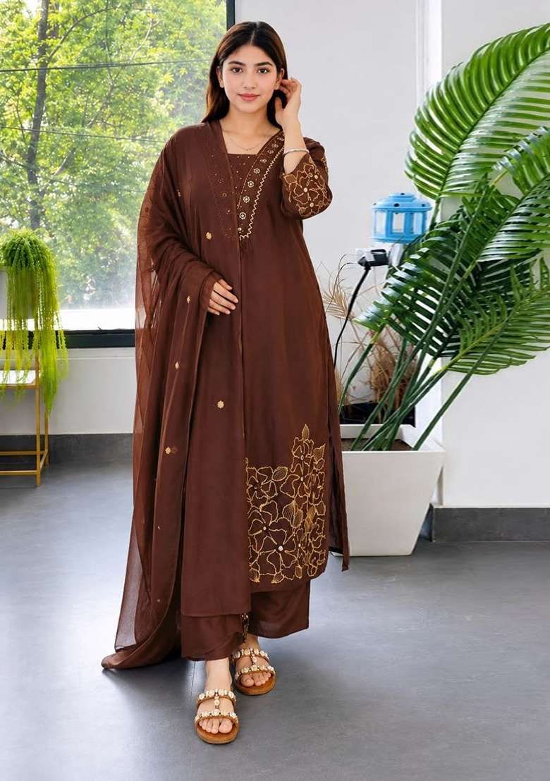 Brown Embroidery Roman Kurta Set - Indya