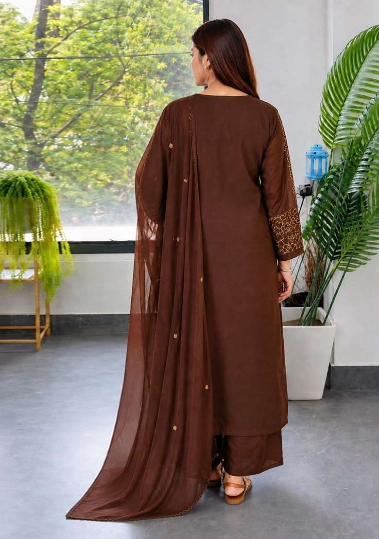Brown Embroidery Roman Kurta Set - Indya