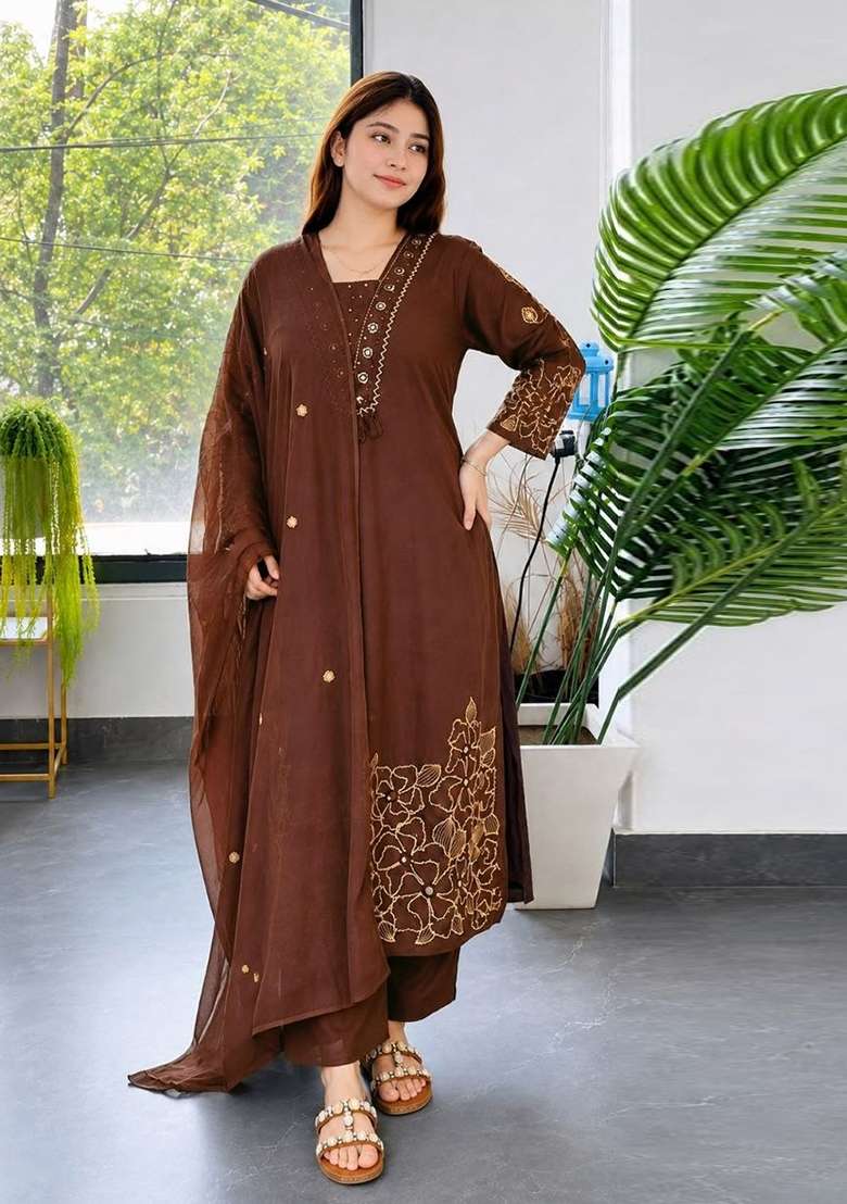 Brown Embroidery Roman Kurta Set - Indya