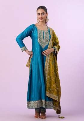 Sky Blue Embroidery Silk Kurta Set