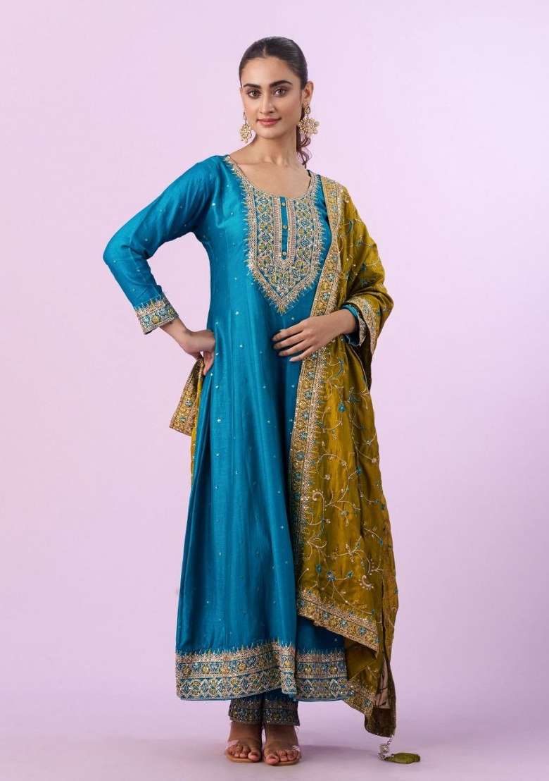 Sky Blue Embroidery Silk Kurta Set - Indya