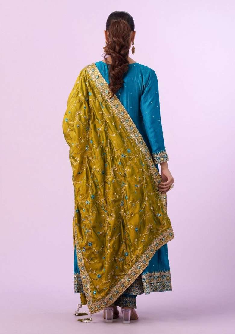 Sky Blue Embroidery Silk Kurta Set - Indya