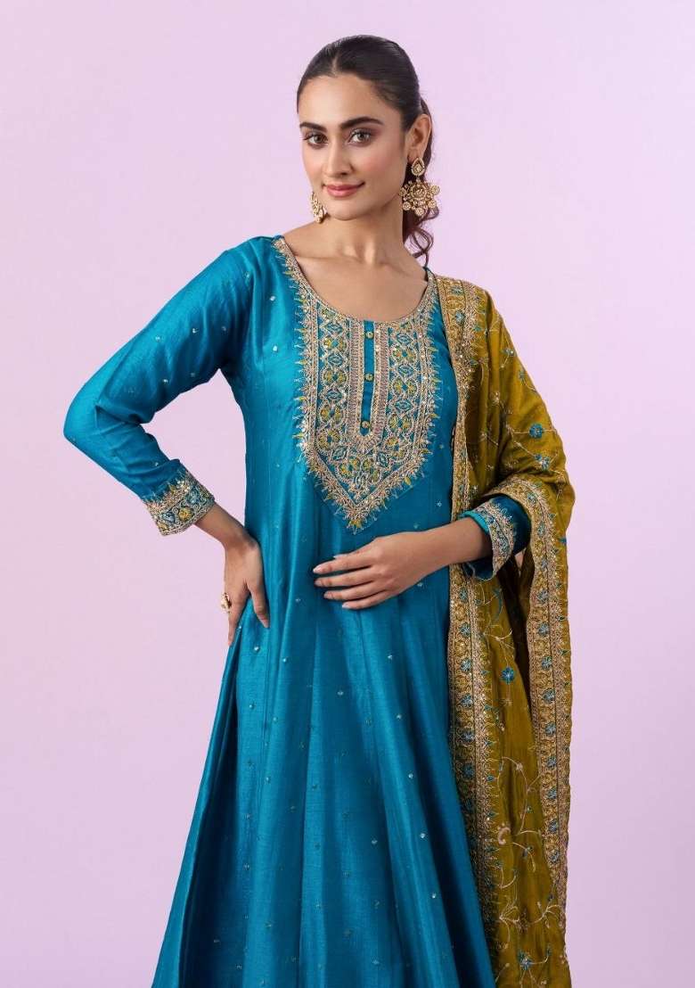 Sky Blue Embroidery Silk Kurta Set - Indya