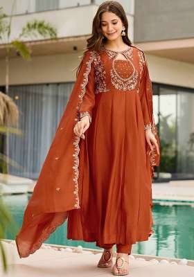 Orange Embroidery Silk Kurta Set