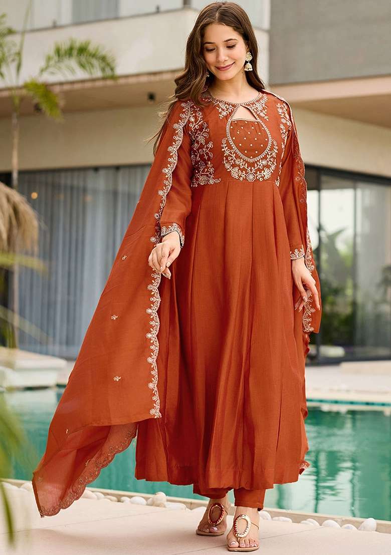 Orange Embroidery Silk Kurta Set - Indya