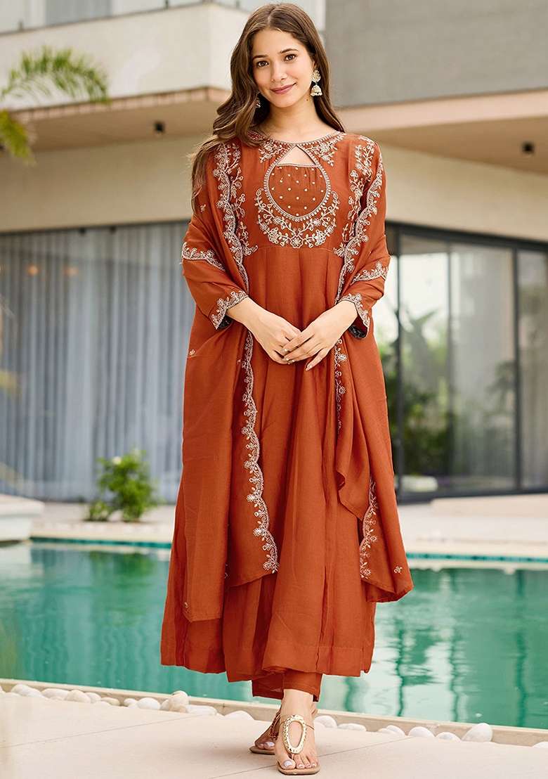 Orange Embroidery Silk Kurta Set - Indya