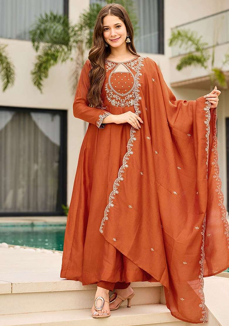 Orange Embroidery Silk Kurta Set - Indya