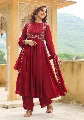 Red Embroidery Georgette Kurta Set