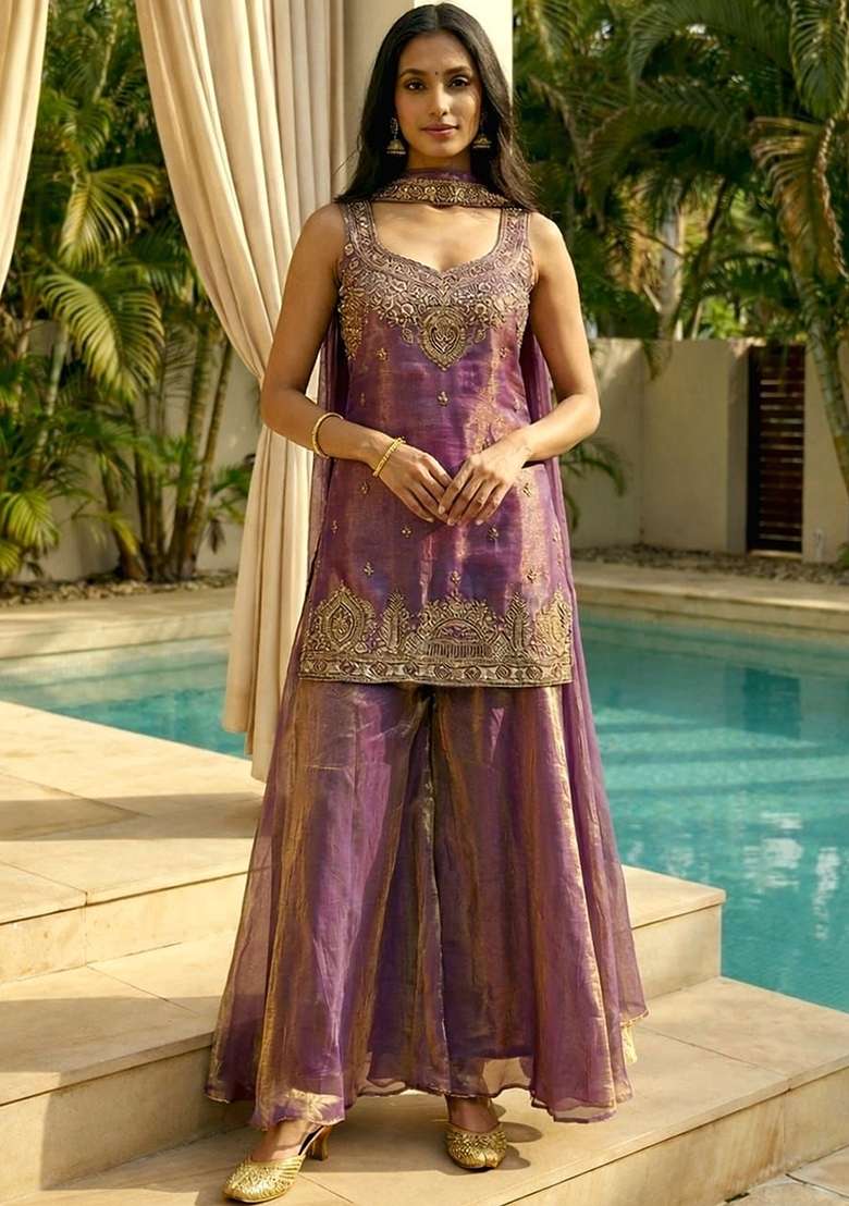 Purple Embroidery Satin Palazzo Set - Indya