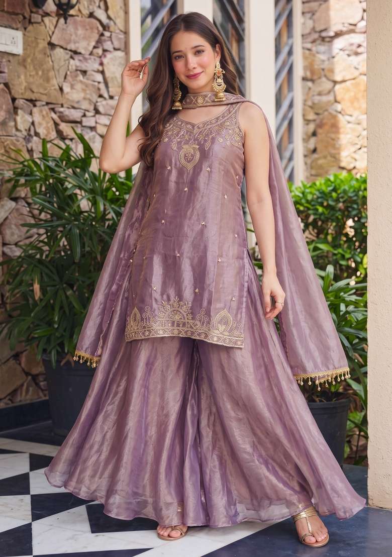 Purple Embroidery Satin Palazzo Set - Indya