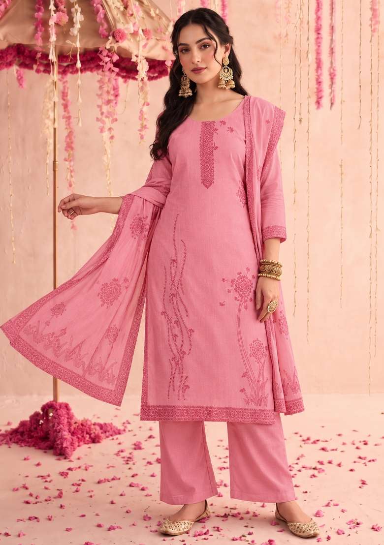 Pink Embroidery Cotton Kurta Set - Indya