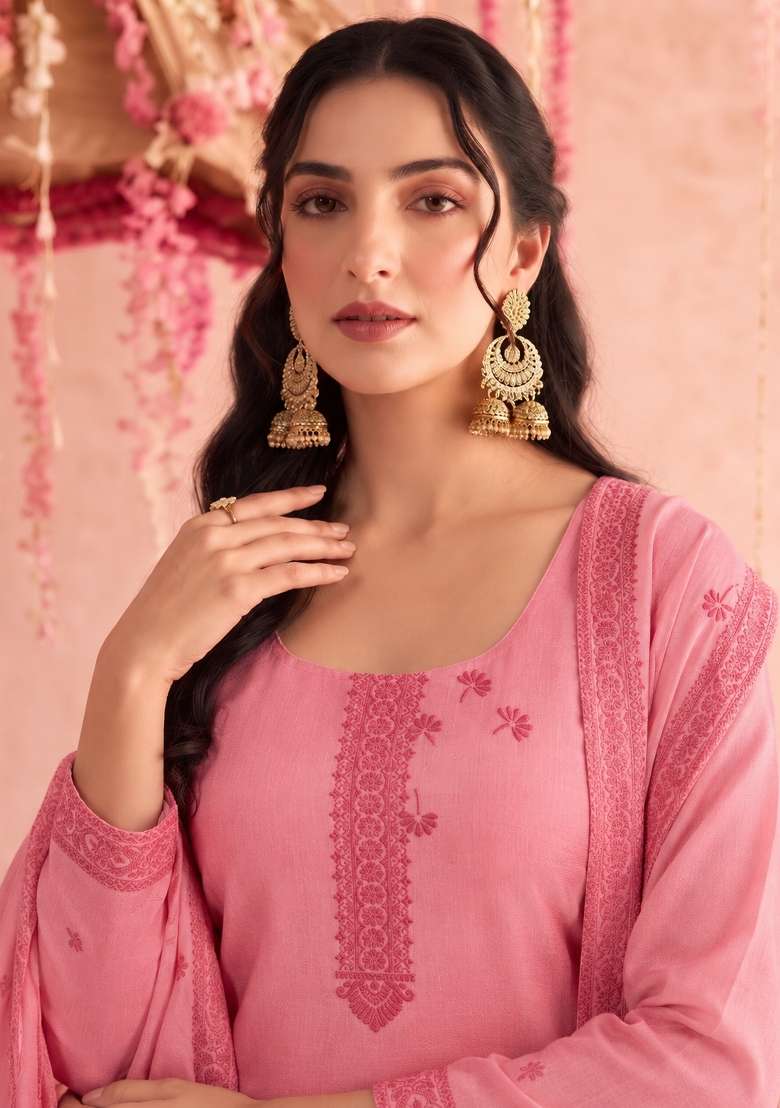 Pink Embroidery Cotton Kurta Set - Indya