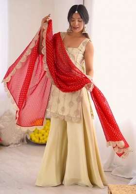 White Embroidery Crepe Palazzo Set