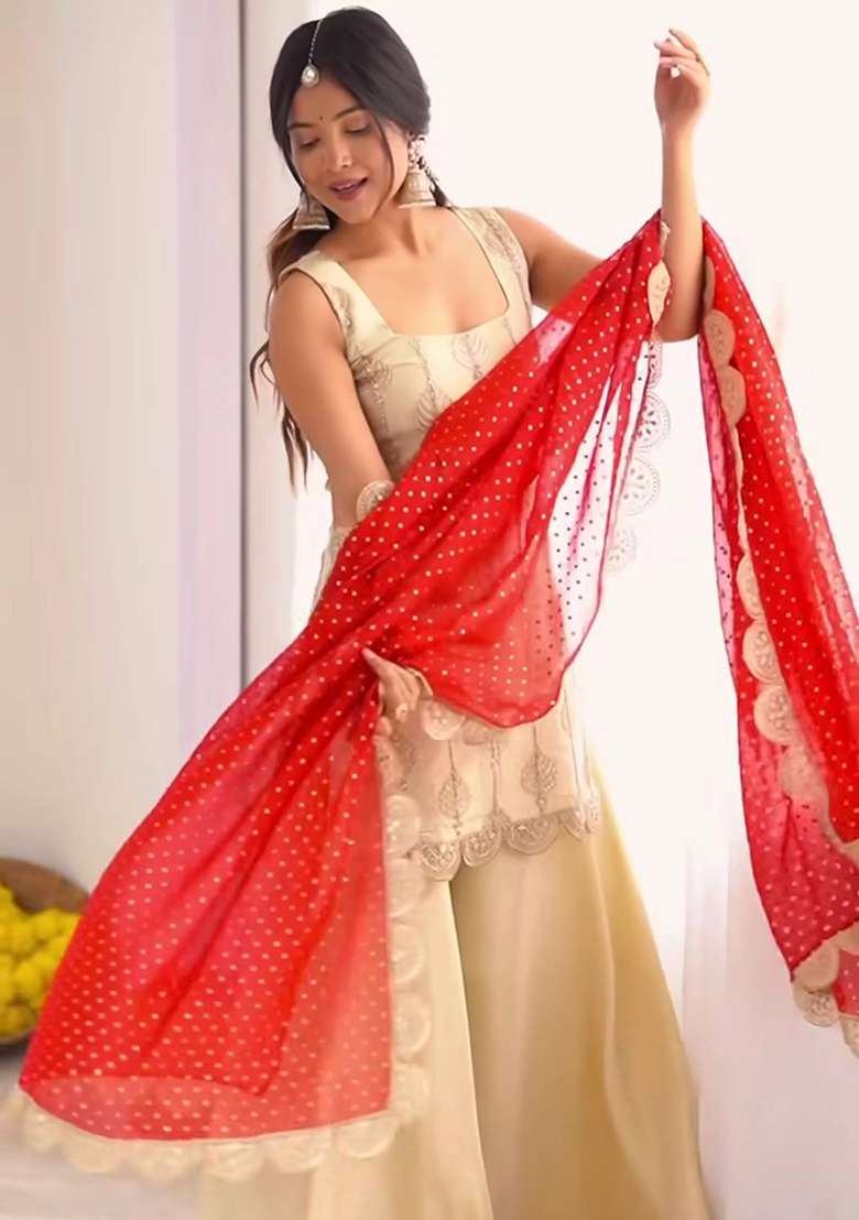 White Embroidery Crepe Palazzo Set - Indya