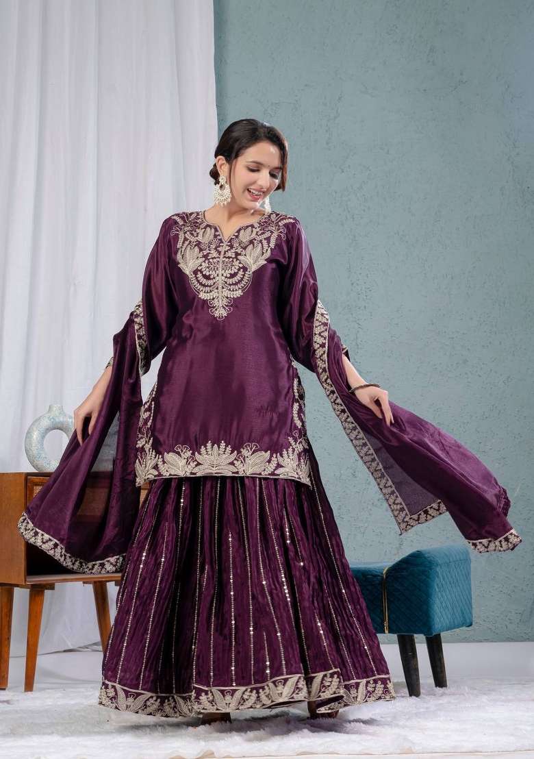 Wine Embroidery Chinon Palazzo Set - Indya