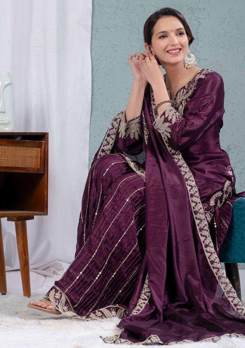 Wine Embroidery Chinon Palazzo Set - Indya