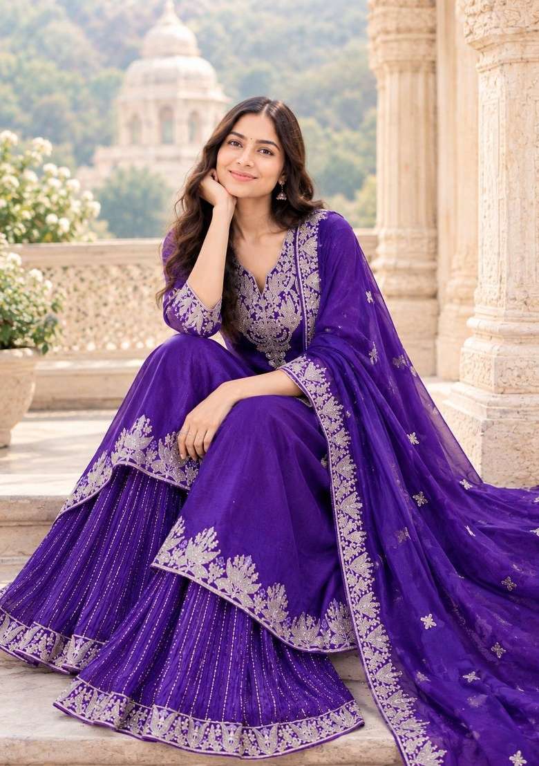 Purple Embroidery Chinon Palazzo Set - Indya