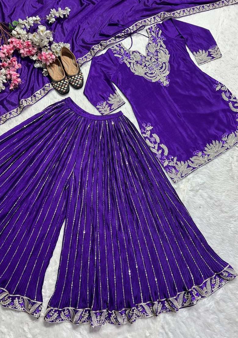 Purple Embroidery Chinon Palazzo Set - Indya
